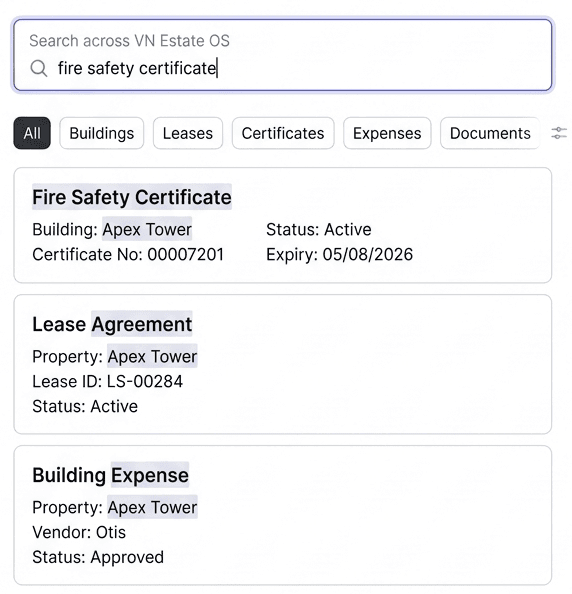 VN Estate OS global search interface